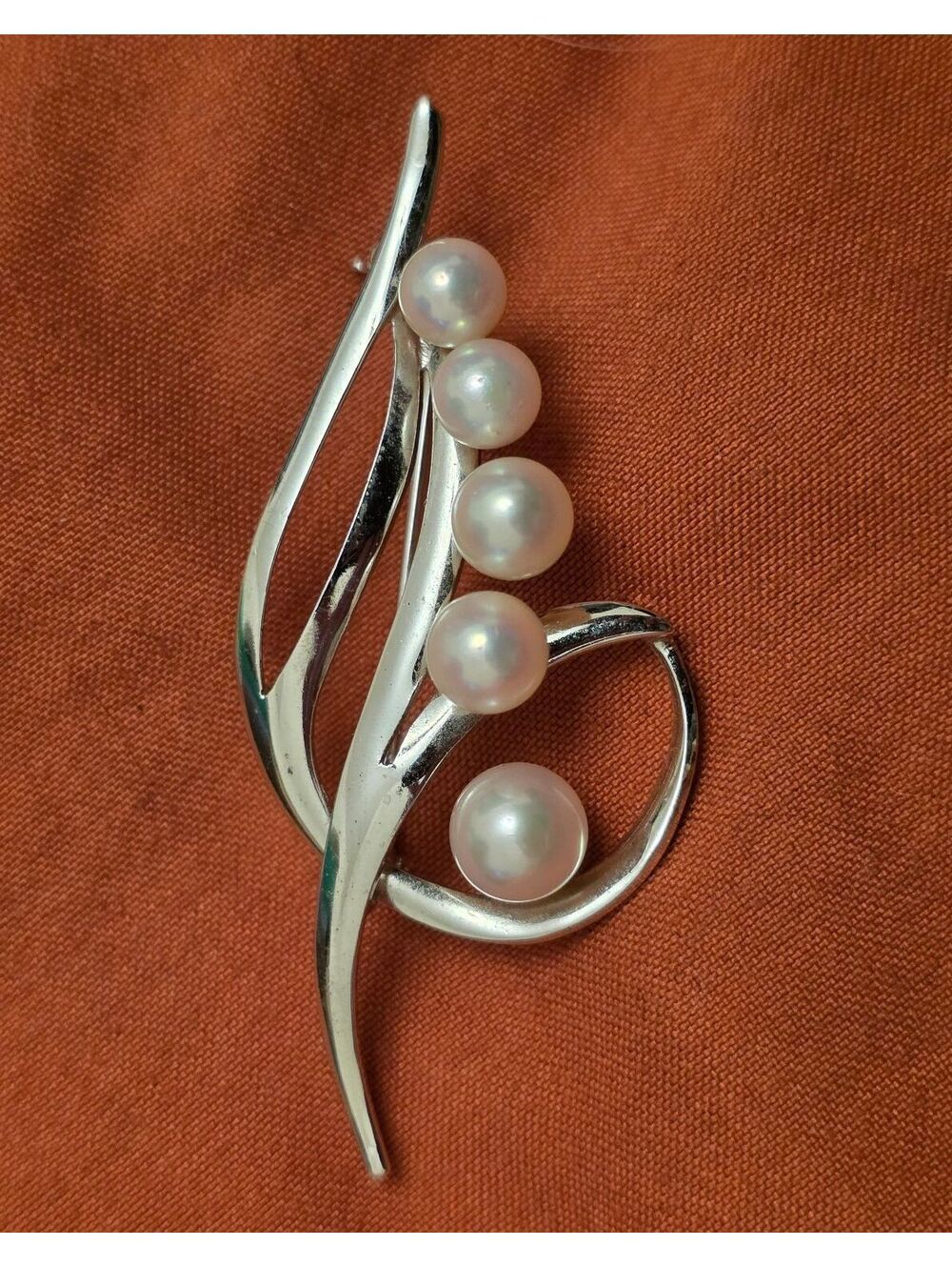 Vintage 1960's Sterling Silver Cultured Akoya Pearl Floral Spray Brooch Pin